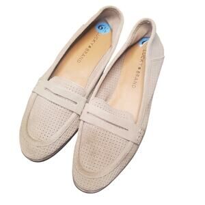 Lucky Brand Caylon 6.5 Taupe Tan Suede Penny Loafers Leather Upper Clean Girl